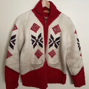 Red and Cream Knit Cardigan with Geometric Patterns